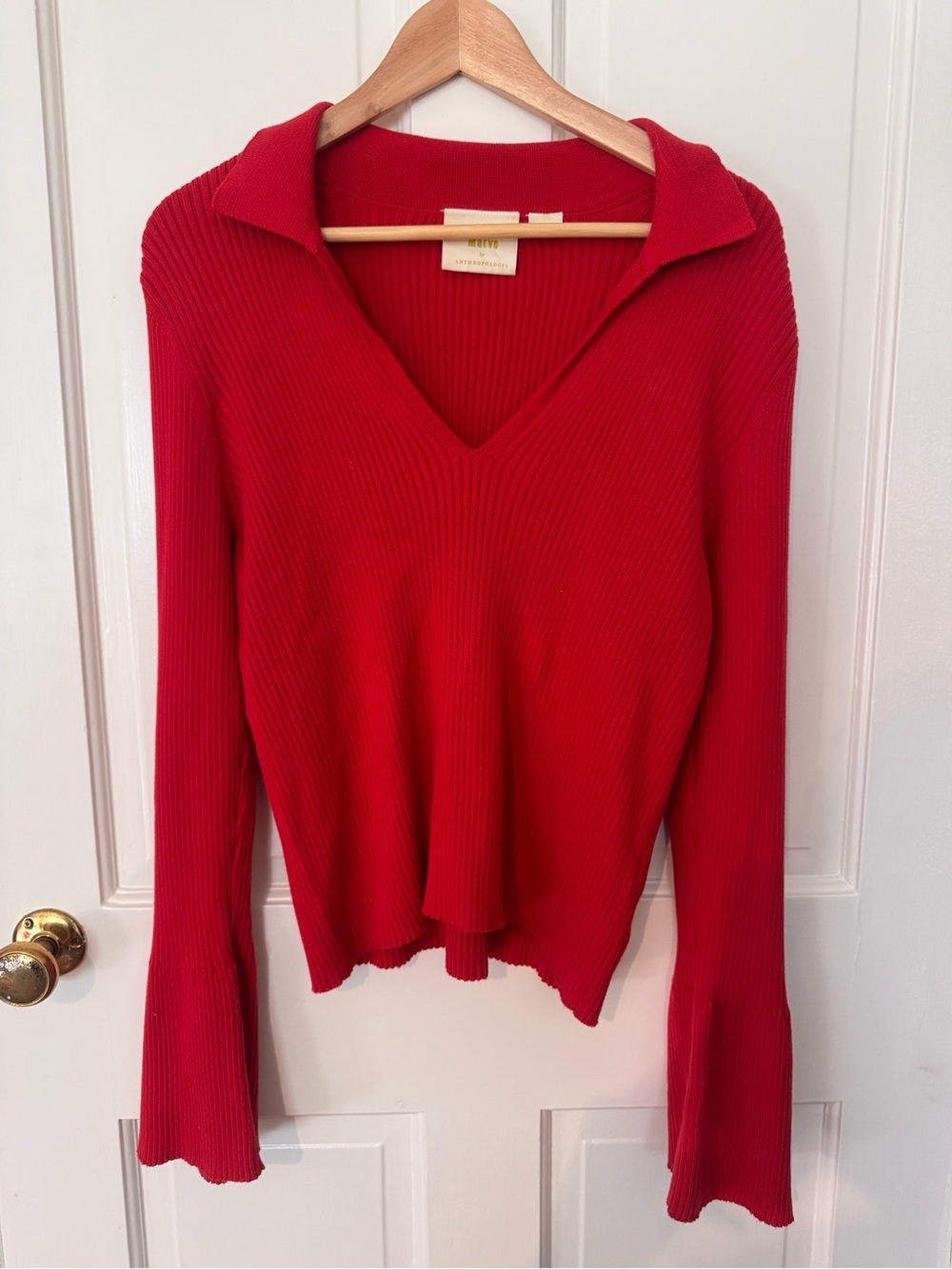 Anthropologie Red Ribbed V-Neck Sweater with Collar